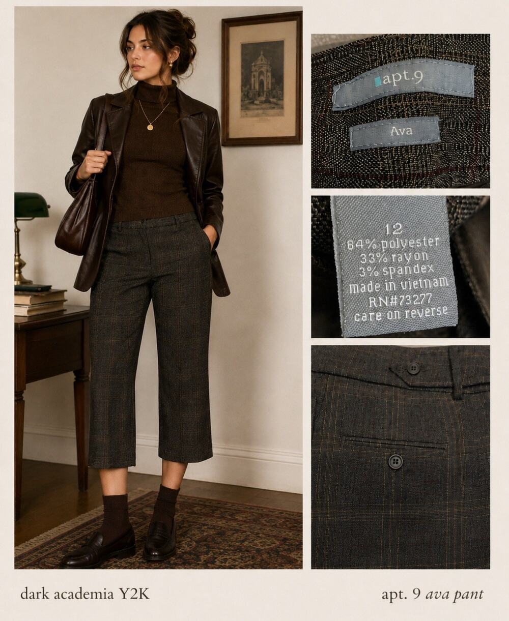 Y2K Dark Academic Apt. 9 The Ava Pant Cropped Culotte Trousers Sz 12 Brown Plaid